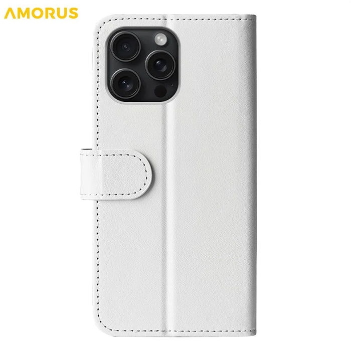 AMORUS For iPhone 16 Pro Wallet Case Litchi Texture Shockproof Leather Flip Stand Phone Cover - White - 6