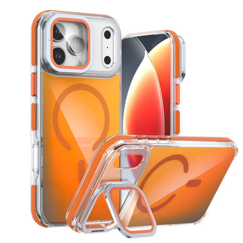 For iPhone 18 Pro / 17  Pro Magnetic Case TPU Acrylic Phone Back Cover with Lens Film and Kickstand - Orange - 1