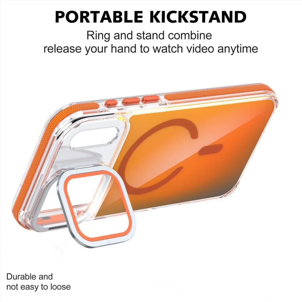 For iPhone 18 Pro / 17  Pro Magnetic Case TPU Acrylic Phone Back Cover with Lens Film and Kickstand - Orange - 2
