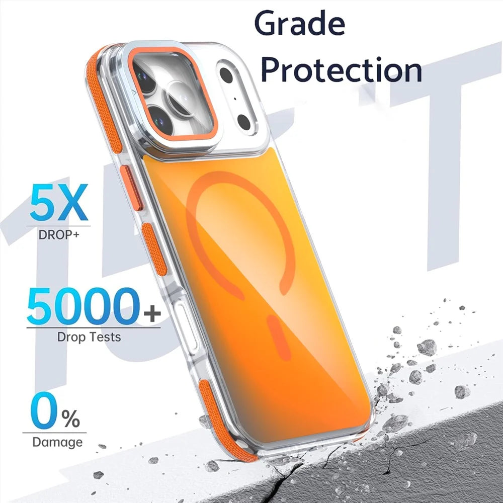 For iPhone 18 Pro / 17  Pro Magnetic Case TPU Acrylic Phone Back Cover with Lens Film and Kickstand - Orange - 5