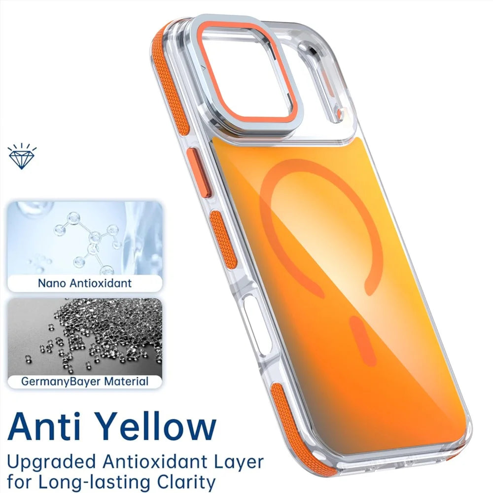 For iPhone 18 Pro / 17  Pro Magnetic Case TPU Acrylic Phone Back Cover with Lens Film and Kickstand - Orange - 7