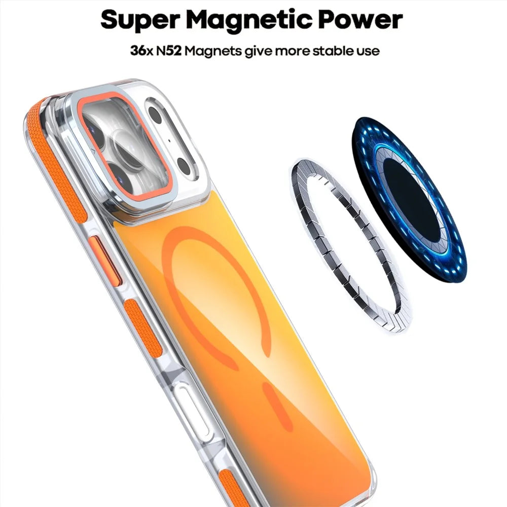 For iPhone 18 Pro Max / 17 Pro Max Magnetic Case TPU Acrylic Phone Back Cover with Lens Film and Kickstand - Orange - 3