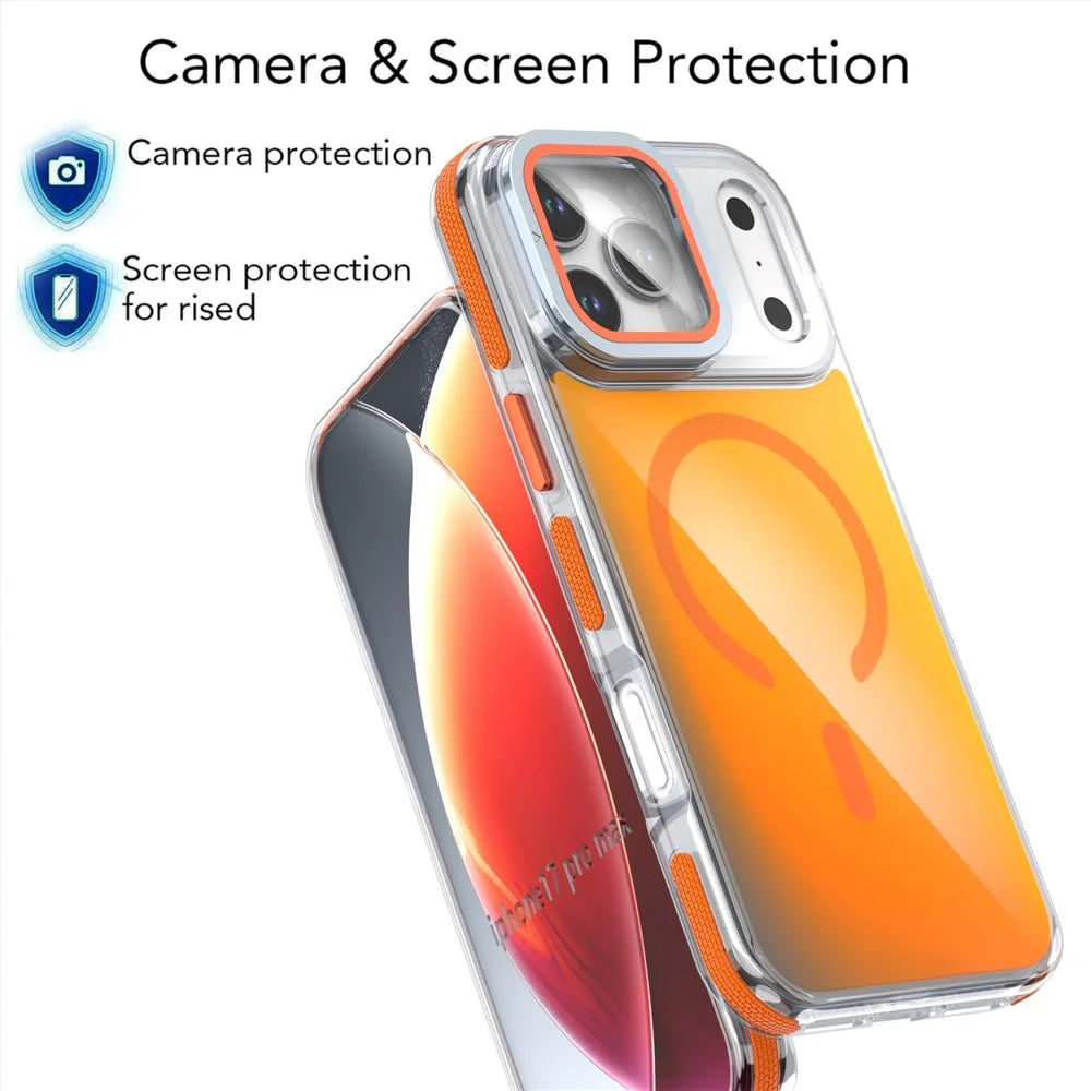 For iPhone 18 Pro Max / 17 Pro Max Magnetic Case TPU Acrylic Phone Back Cover with Lens Film and Kickstand - Orange - 6
