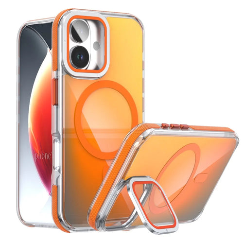 For iPhone 17 Magnetic Case TPU Acrylic Phone Back Cover with Lens Film and Kickstand - Orange - 1