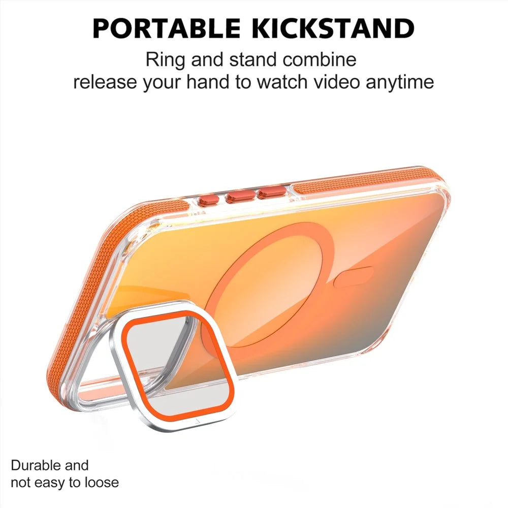 For iPhone 17 Magnetic Case TPU Acrylic Phone Back Cover with Lens Film and Kickstand - Orange - 2