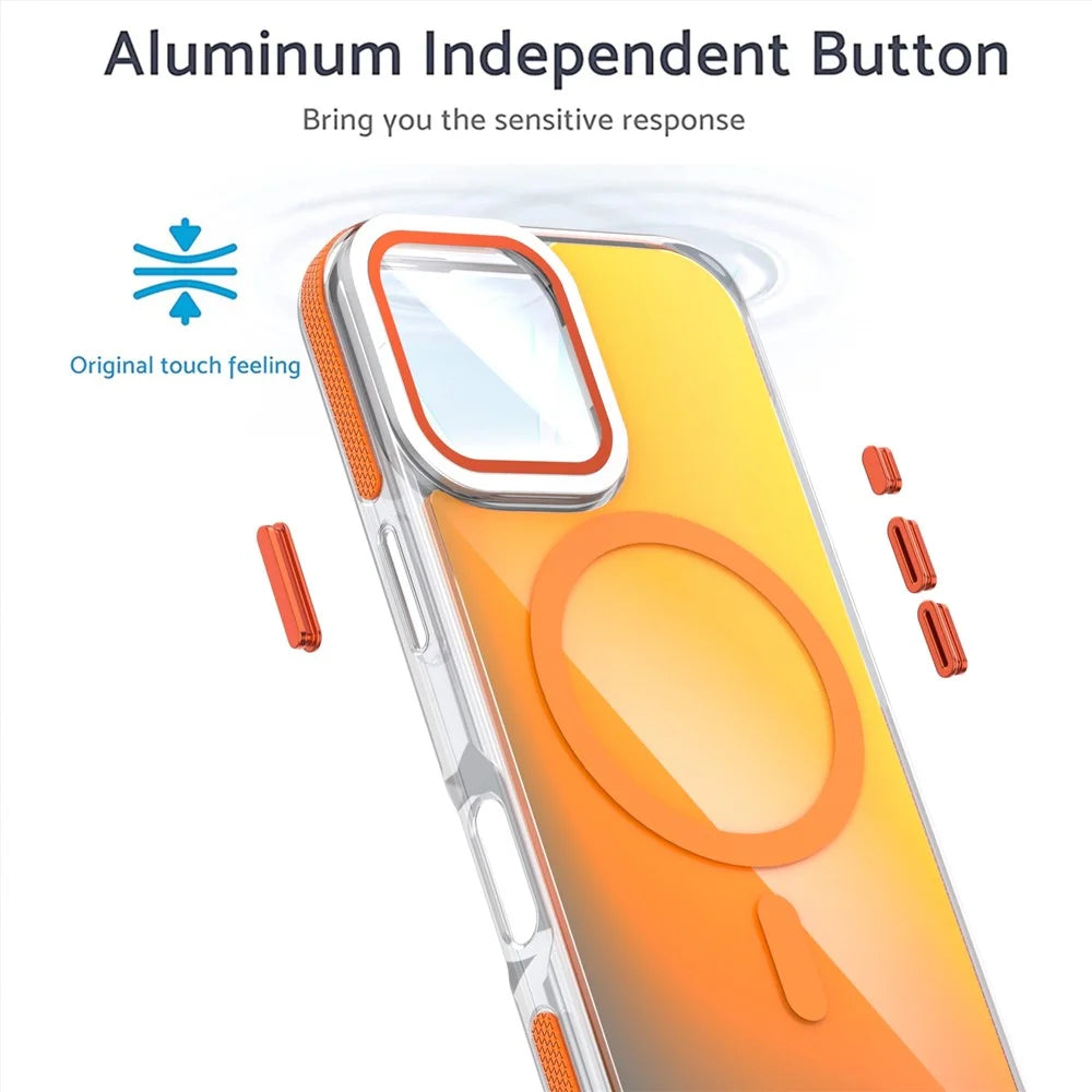 For iPhone 17 Magnetic Case TPU Acrylic Phone Back Cover with Lens Film and Kickstand - Orange - 4