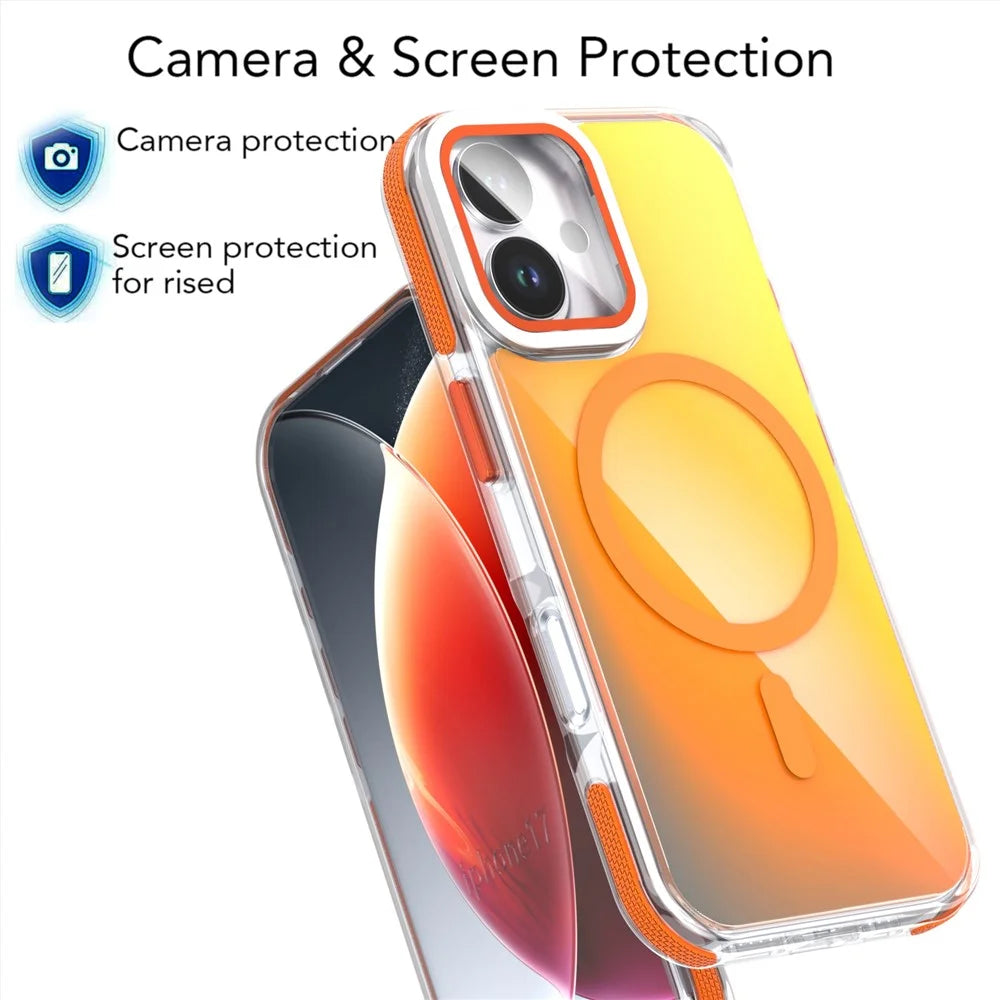 For iPhone 17 Magnetic Case TPU Acrylic Phone Back Cover with Lens Film and Kickstand - Orange - 6