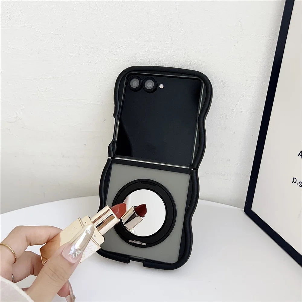 For Samsung Galaxy Z Flip7 5G Magnetic Case Mirror Rotating Kickstand Wave Edge TPU + PC Phone Cover - Grey - 3