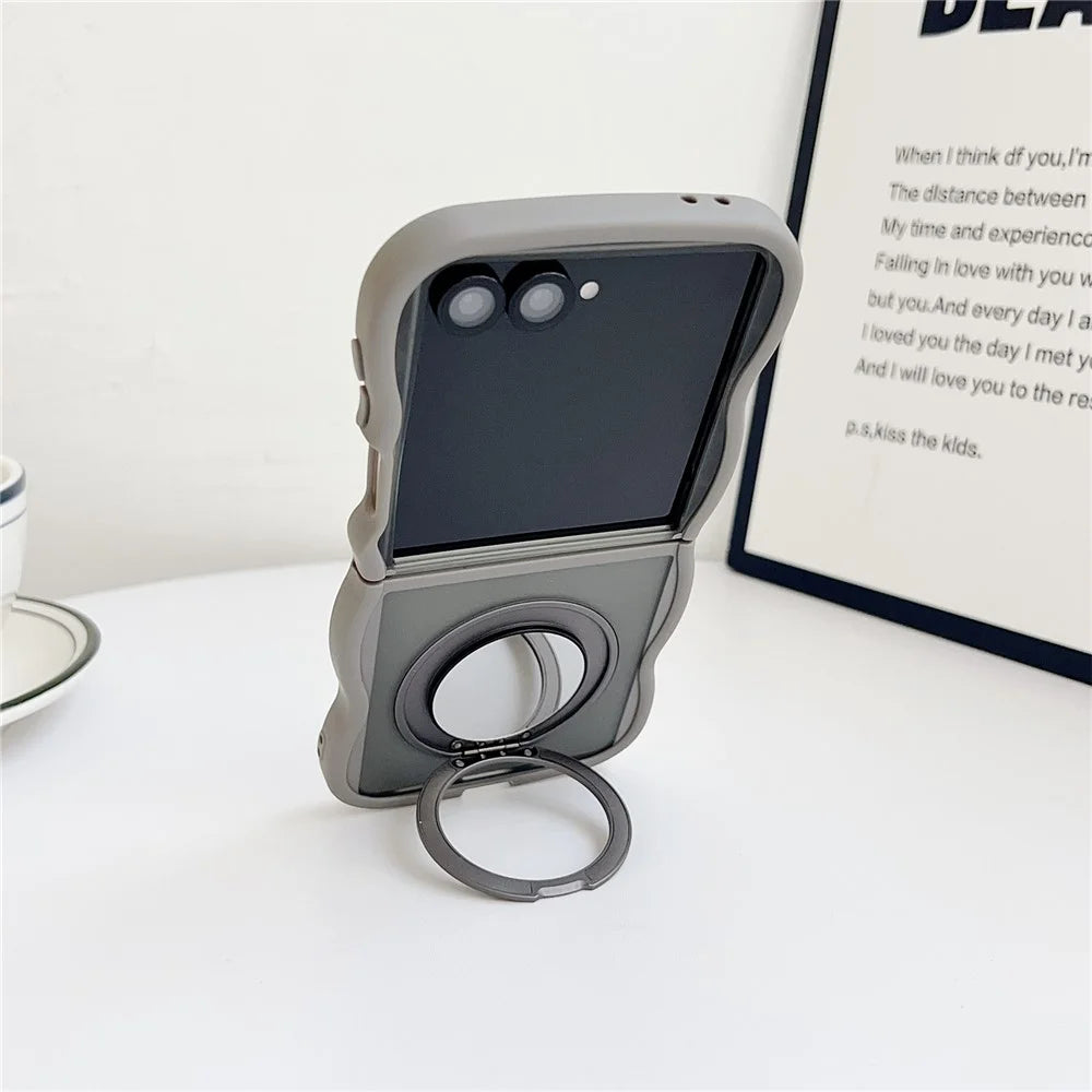 For Samsung Galaxy Z Flip7 5G Magnetic Case Mirror Rotating Kickstand Wave Edge TPU + PC Phone Cover - Grey - 5