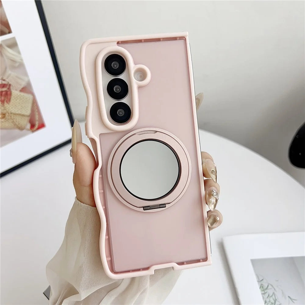 For Samsung Galaxy Z Fold7 5G Magnetic Case Mirror Rotating Kickstand Wave Edge TPU + PC Phone Cover - Pink - 2