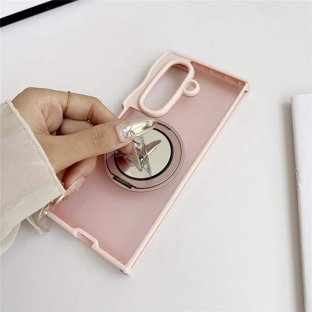 For Samsung Galaxy Z Fold7 5G Magnetic Case Mirror Rotating Kickstand Wave Edge TPU + PC Phone Cover - Pink - 3
