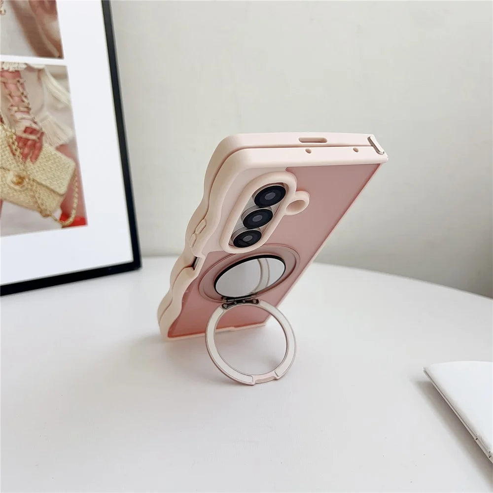 For Samsung Galaxy Z Fold7 5G Magnetic Case Mirror Rotating Kickstand Wave Edge TPU + PC Phone Cover - Pink - 4