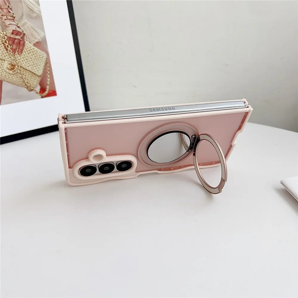 For Samsung Galaxy Z Fold7 5G Magnetic Case Mirror Rotating Kickstand Wave Edge TPU + PC Phone Cover - Pink - 5
