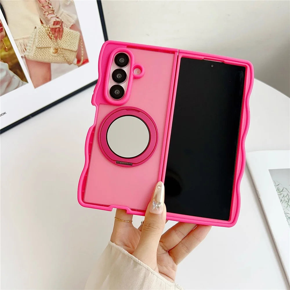 For Samsung Galaxy Z Fold7 5G Magnetic Case Mirror Rotating Kickstand Wave Edge TPU + PC Phone Cover - Pink - 6