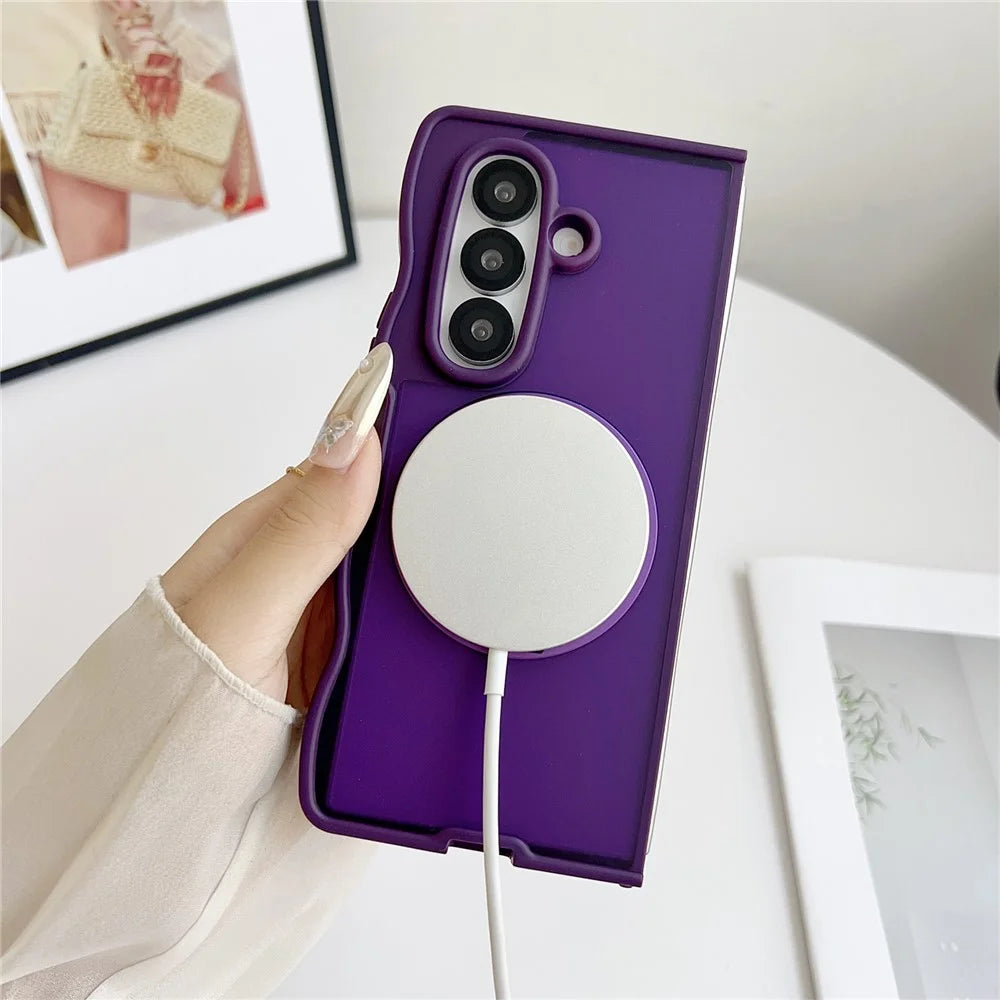 For Samsung Galaxy Z Fold7 5G Magnetic Case Mirror Rotating Kickstand Wave Edge TPU + PC Phone Cover - Pink - 7