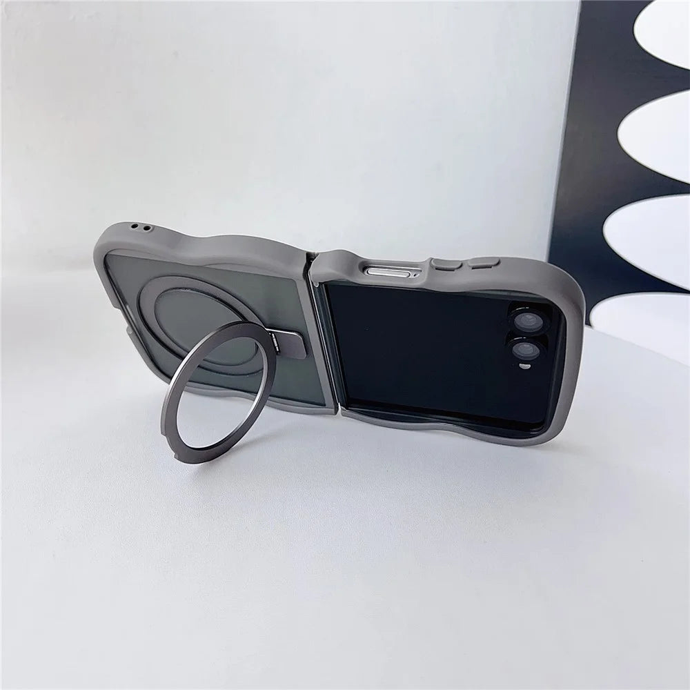 For Samsung Galaxy Z Flip7 5G Magnetic Case Kickstand Skin-Touch Wave Edge TPU + PC Phone Cover - Grey - 3