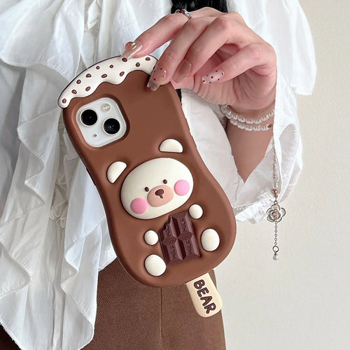 For iPhone 15 Silicone Case Cute Ice Cream Bear Design Shockproof Phone Back Cover - 1