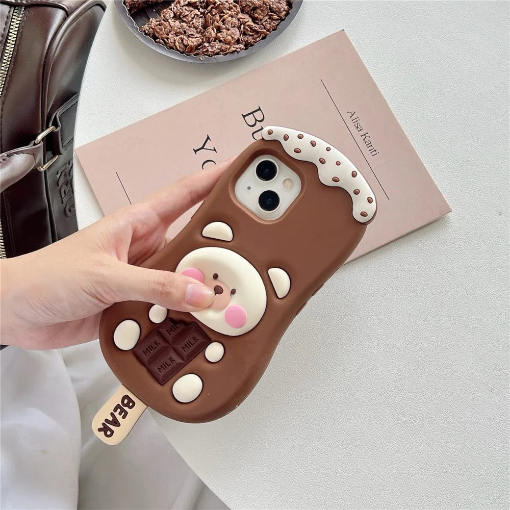 For iPhone 15 Silicone Case Cute Ice Cream Bear Design Shockproof Phone Back Cover - 3