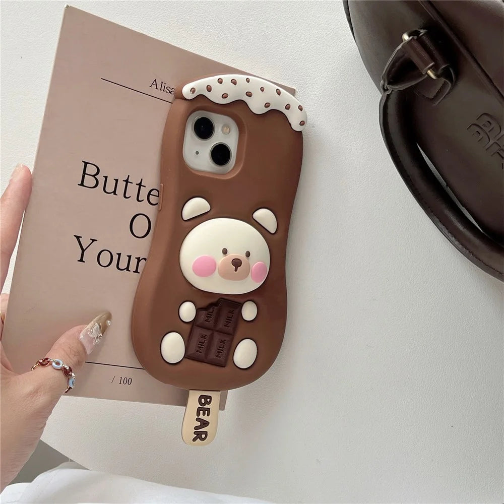 For iPhone 15 Silicone Case Cute Ice Cream Bear Design Shockproof Phone Back Cover - 5