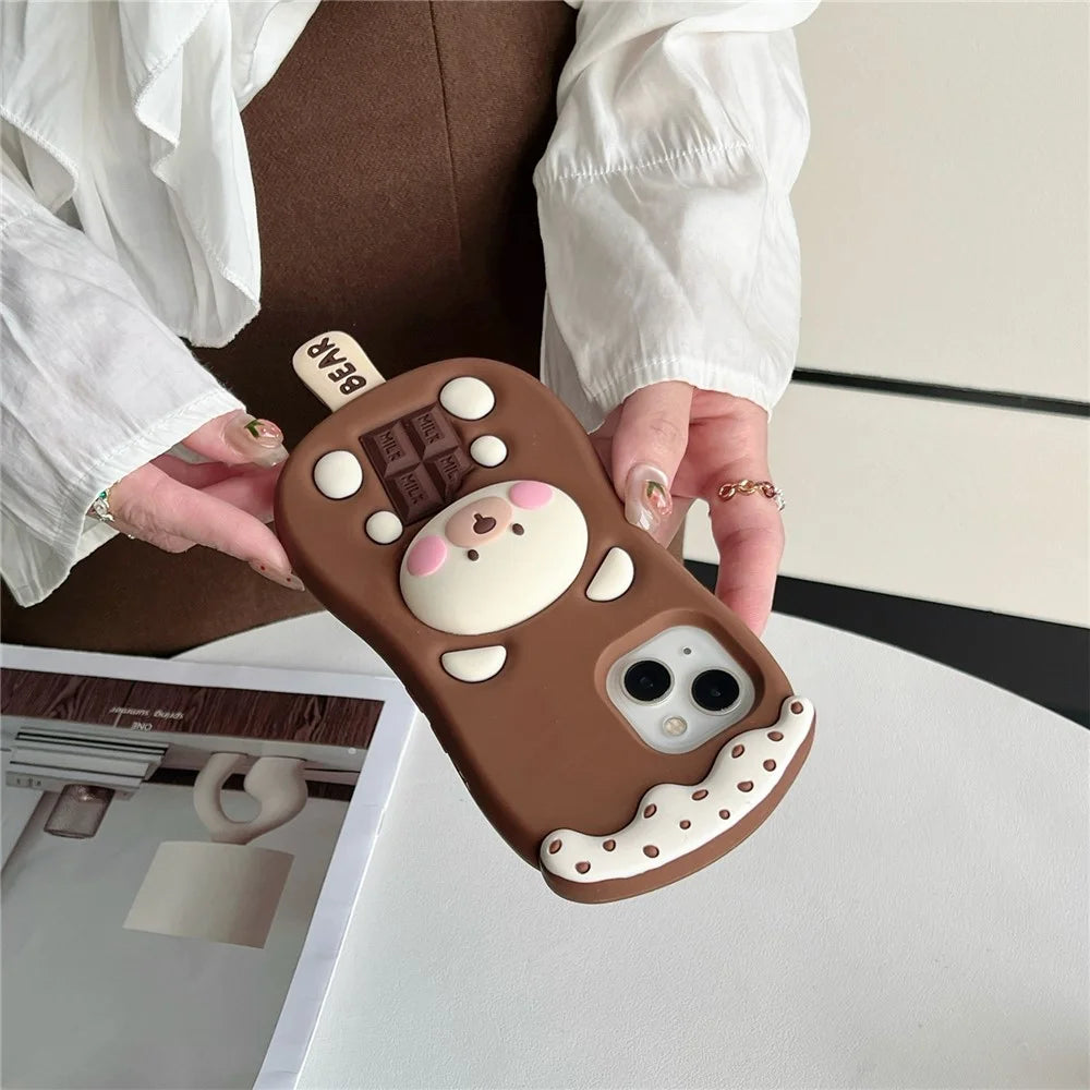 For iPhone 15 Silicone Case Cute Ice Cream Bear Design Shockproof Phone Back Cover - 6