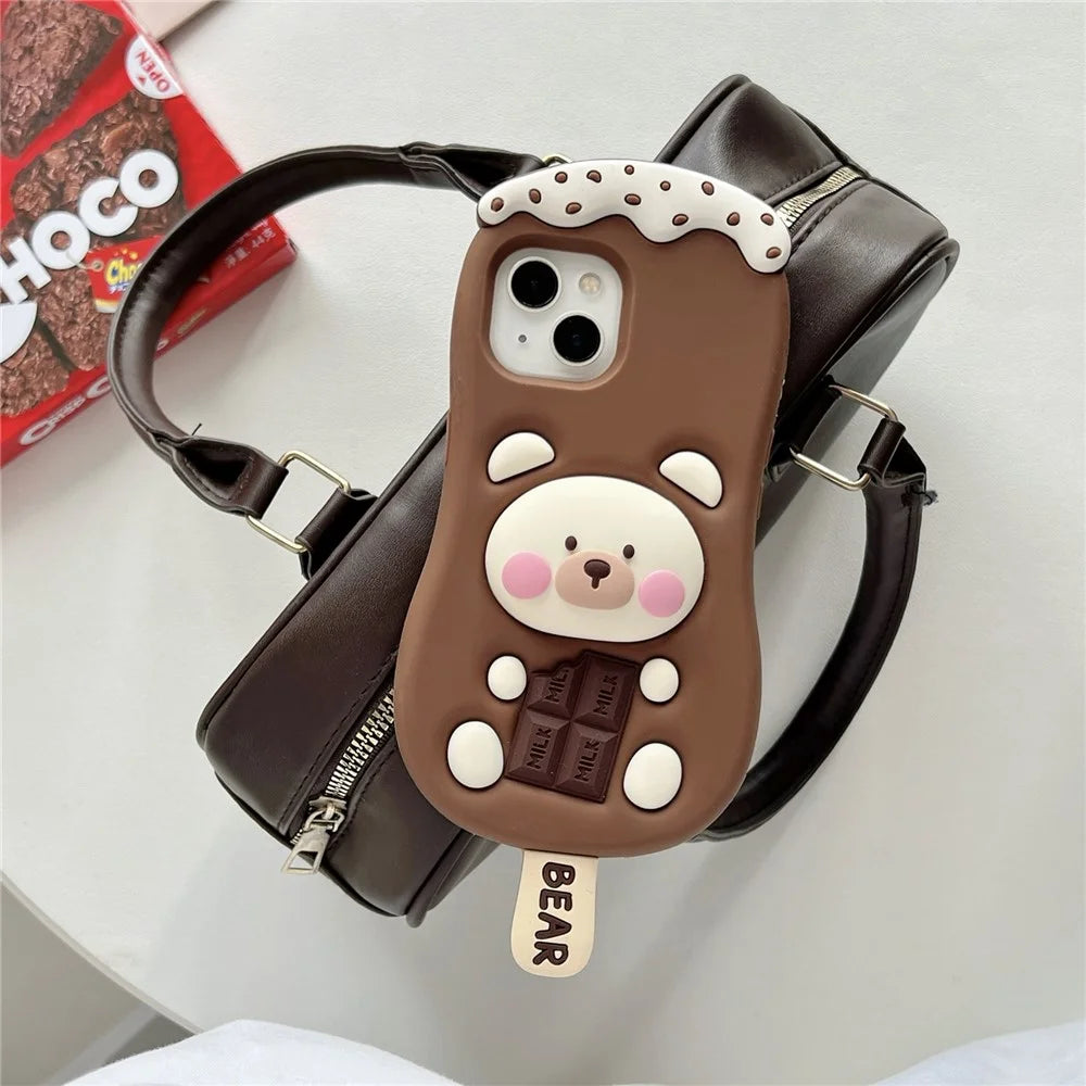 For iPhone 15 Silicone Case Cute Ice Cream Bear Design Shockproof Phone Back Cover - 7