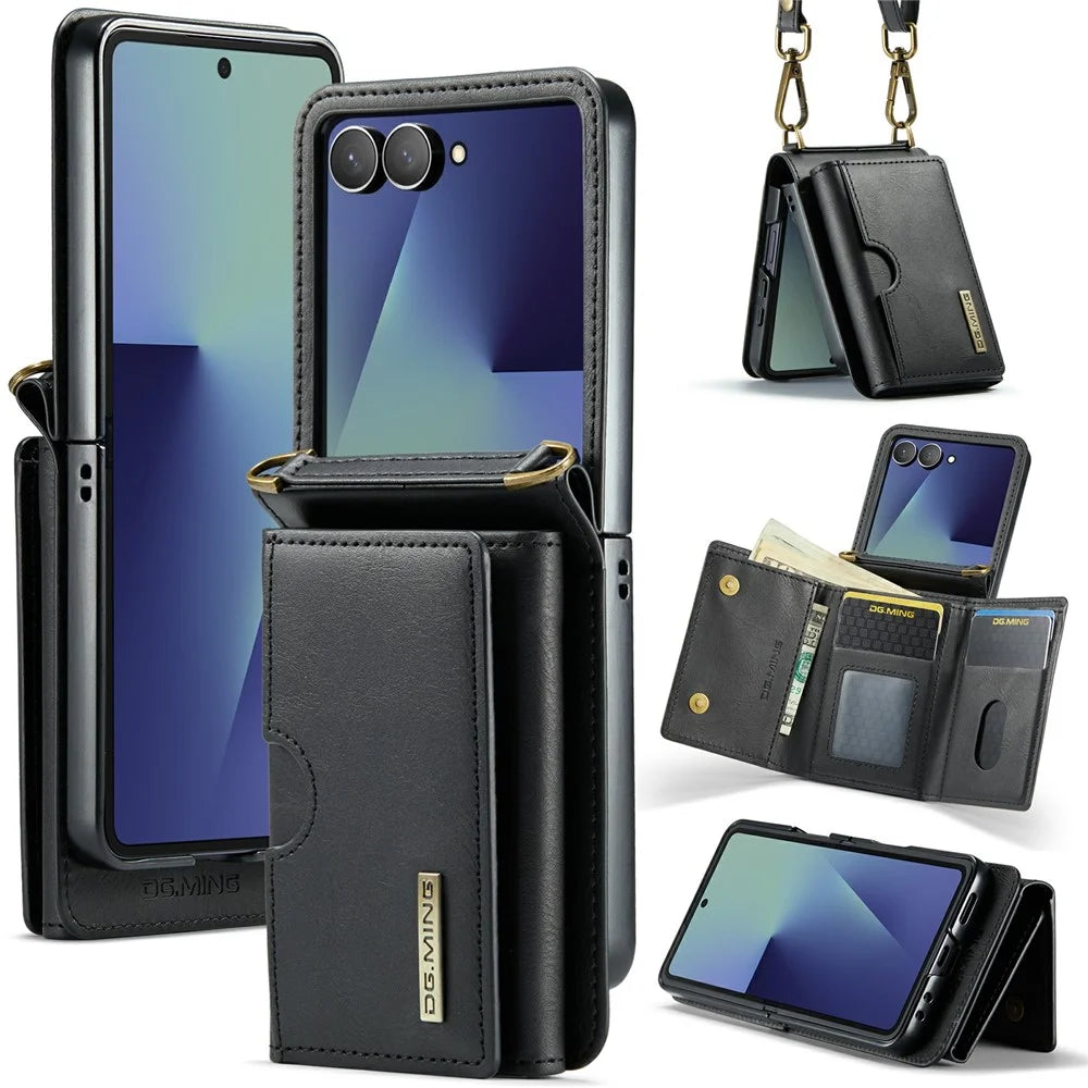 DG.MING M6 Series For Samsung Galaxy Z Flip7 5G Foldable Case PU + PC Phone Cover with Wallet  /  Shoulder Strap - Black - 1