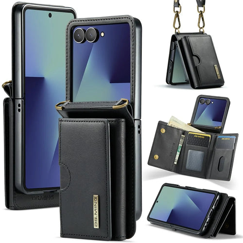 DG.MING M6 Series For Samsung Galaxy Z Flip7 5G Foldable Case PU + PC Phone Cover with Wallet  /  Shoulder Strap - Black - 1