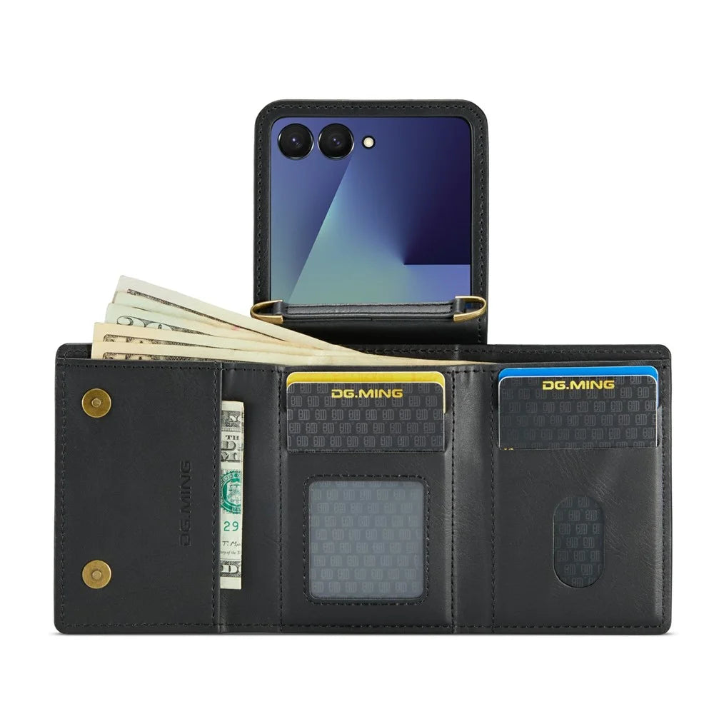 DG.MING M6 Series For Samsung Galaxy Z Flip7 5G Foldable Case PU + PC Phone Cover with Wallet  /  Shoulder Strap - Black - 2