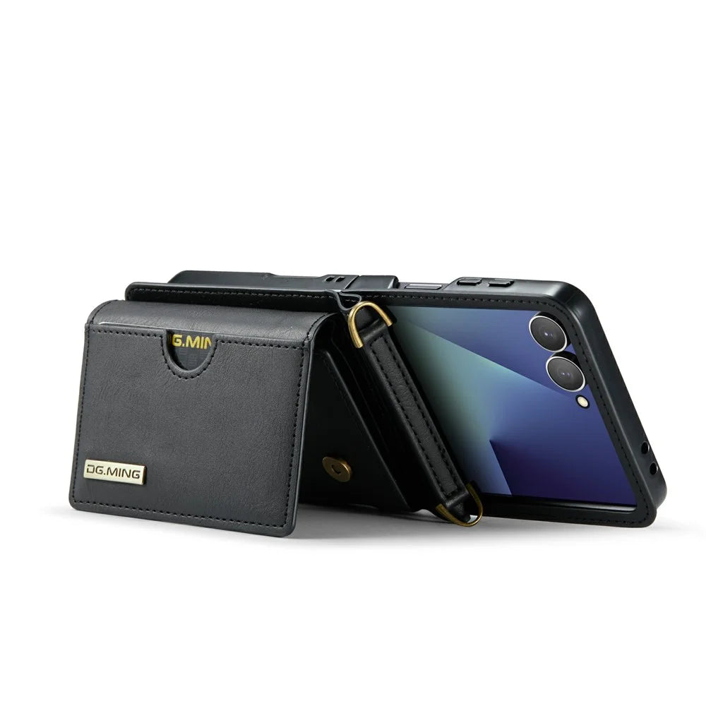 DG.MING M6 Series For Samsung Galaxy Z Flip7 5G Foldable Case PU + PC Phone Cover with Wallet  /  Shoulder Strap - Black - 3