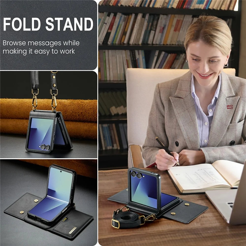 DG.MING M6 Series For Samsung Galaxy Z Flip7 5G Foldable Case PU + PC Phone Cover with Wallet  /  Shoulder Strap - Black - 5