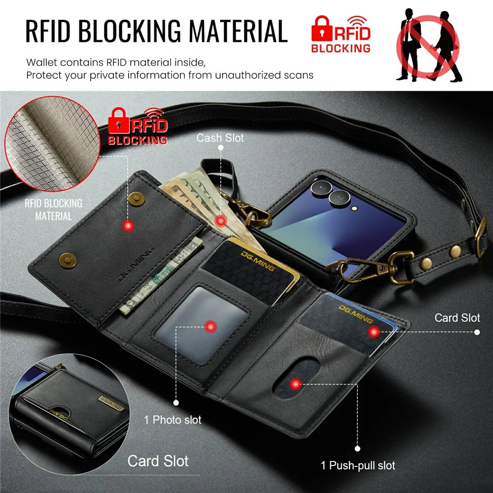 DG.MING M6 Series For Samsung Galaxy Z Flip7 5G Foldable Case PU + PC Phone Cover with Wallet  /  Shoulder Strap - Black - 6