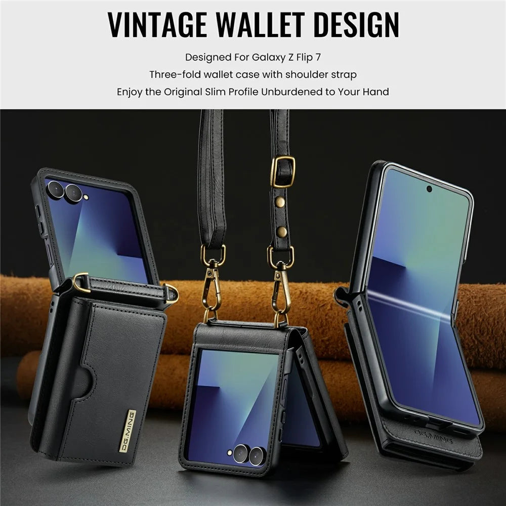 DG.MING M6 Series For Samsung Galaxy Z Flip7 5G Foldable Case PU + PC Phone Cover with Wallet  /  Shoulder Strap - Black - 7