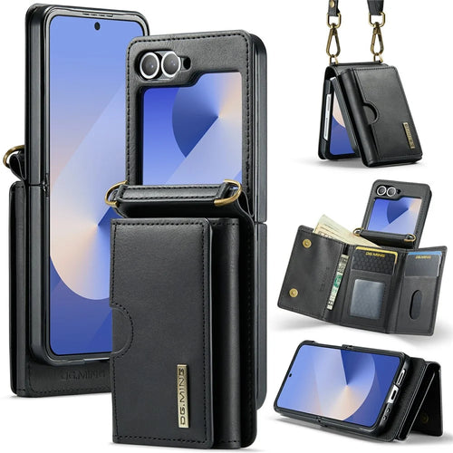 DG.MING M6 Series For Samsung Galaxy Z Flip6 5G  /  Z Flip7 FE 5G Foldable Case PU + PC Phone Cover with Wallet  /  Shoulder Strap - Black - 1