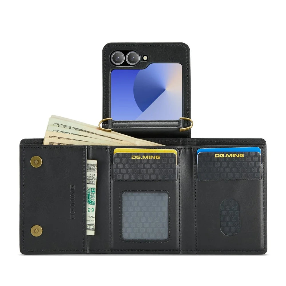 DG.MING M6 Series For Samsung Galaxy Z Flip6 5G  /  Z Flip7 FE 5G Foldable Case PU + PC Phone Cover with Wallet  /  Shoulder Strap - Black - 2