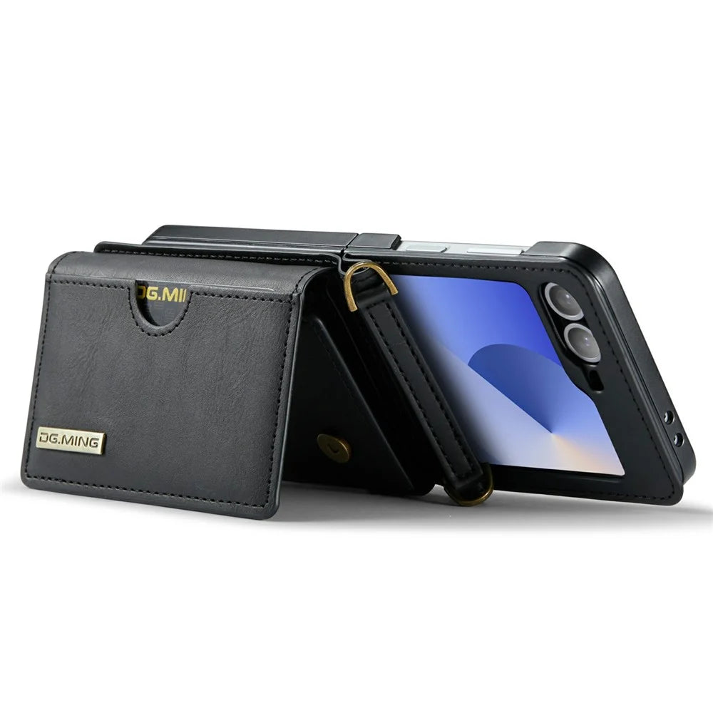 DG.MING M6 Series For Samsung Galaxy Z Flip6 5G  /  Z Flip7 FE 5G Foldable Case PU + PC Phone Cover with Wallet  /  Shoulder Strap - Black - 3