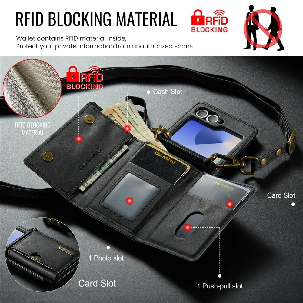DG.MING M6 Series For Samsung Galaxy Z Flip6 5G  /  Z Flip7 FE 5G Foldable Case PU + PC Phone Cover with Wallet  /  Shoulder Strap - Black - 5