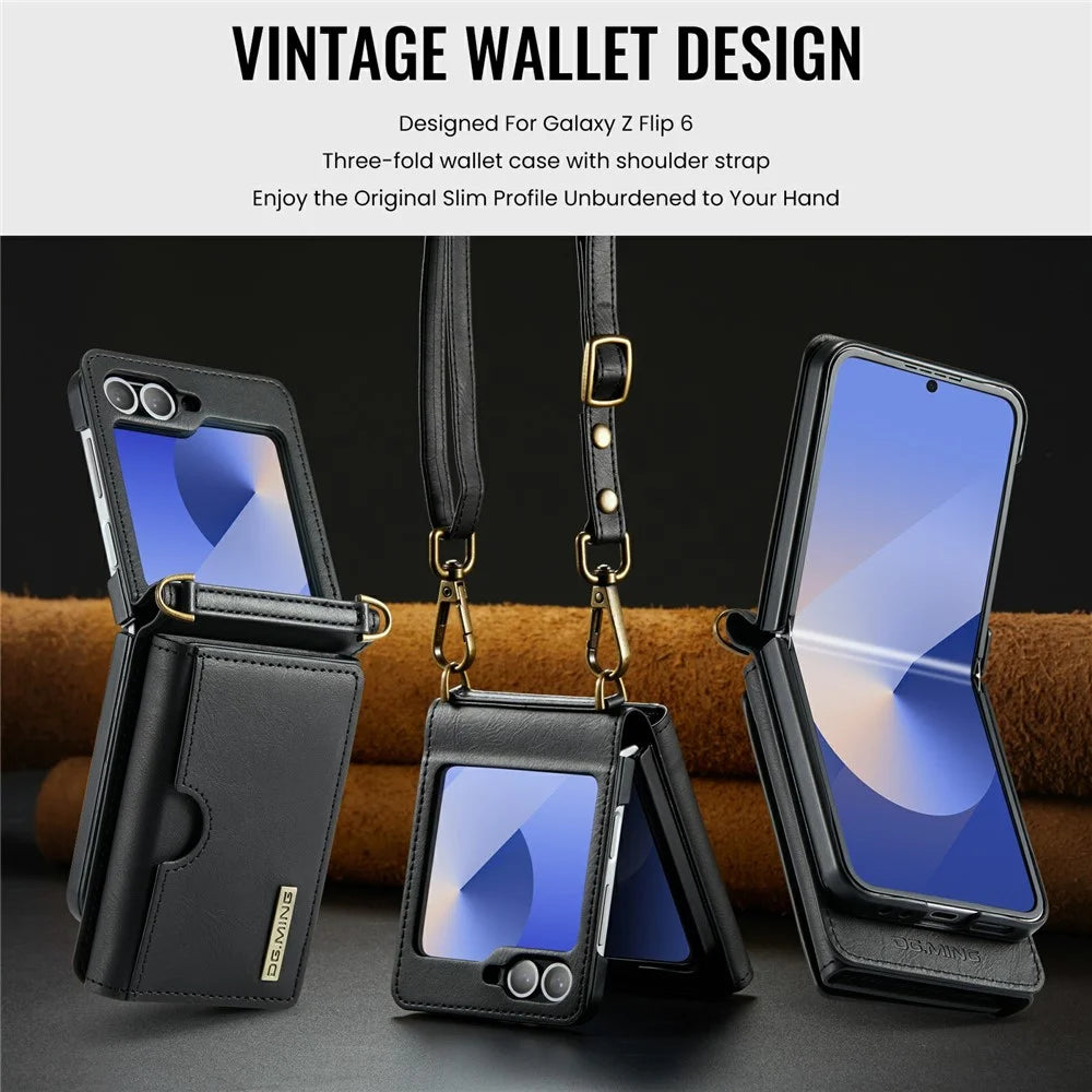 DG.MING M6 Series For Samsung Galaxy Z Flip6 5G  /  Z Flip7 FE 5G Foldable Case PU + PC Phone Cover with Wallet  /  Shoulder Strap - Black - 6
