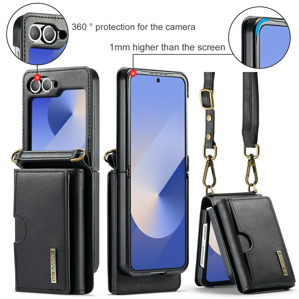 DG.MING M6 Series For Samsung Galaxy Z Flip6 5G  /  Z Flip7 FE 5G Foldable Case PU + PC Phone Cover with Wallet  /  Shoulder Strap - Black - 7