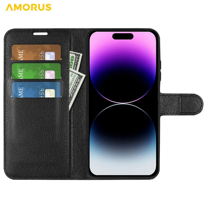 AMORUS For iPhone 14 Pro Max Wallet Case Litchi Texture Shockproof Leather Flip Stand Phone Cover - Black - 2