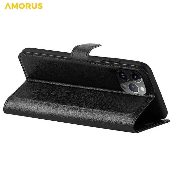 AMORUS For iPhone 14 Pro Max Wallet Case Litchi Texture Shockproof Leather Flip Stand Phone Cover - Black - 4