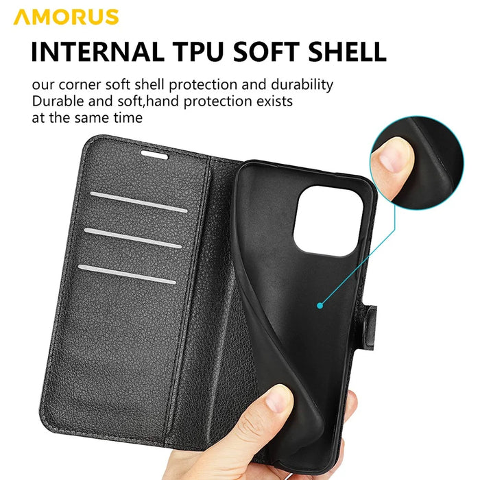AMORUS For iPhone 14 Pro Max Wallet Case Litchi Texture Shockproof Leather Flip Stand Phone Cover - Black - 6
