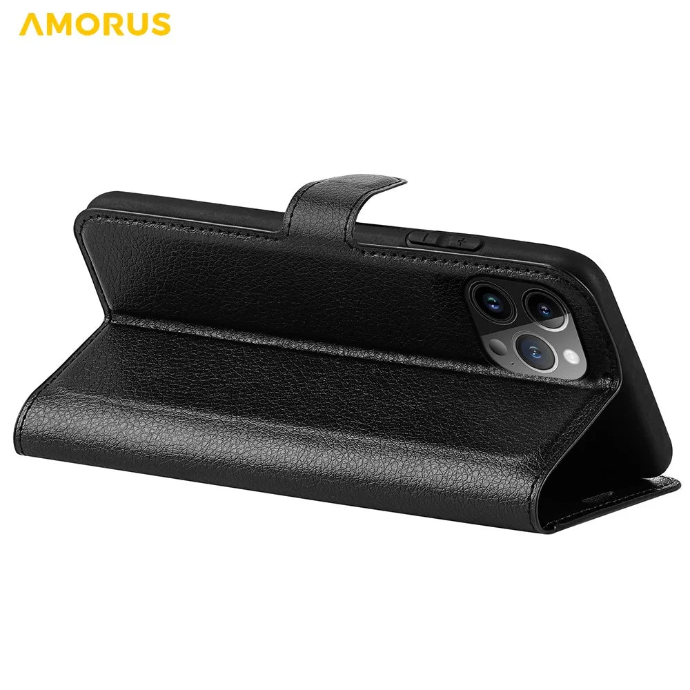 AMORUS For iPhone 14 Pro Wallet Case Litchi Texture Shockproof Leather Flip Stand Phone Cover - Black - 4