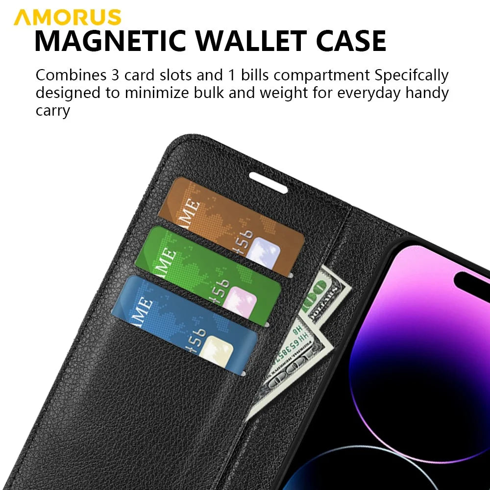 AMORUS For iPhone 14 Pro Wallet Case Litchi Texture Shockproof Leather Flip Stand Phone Cover - Black - 5