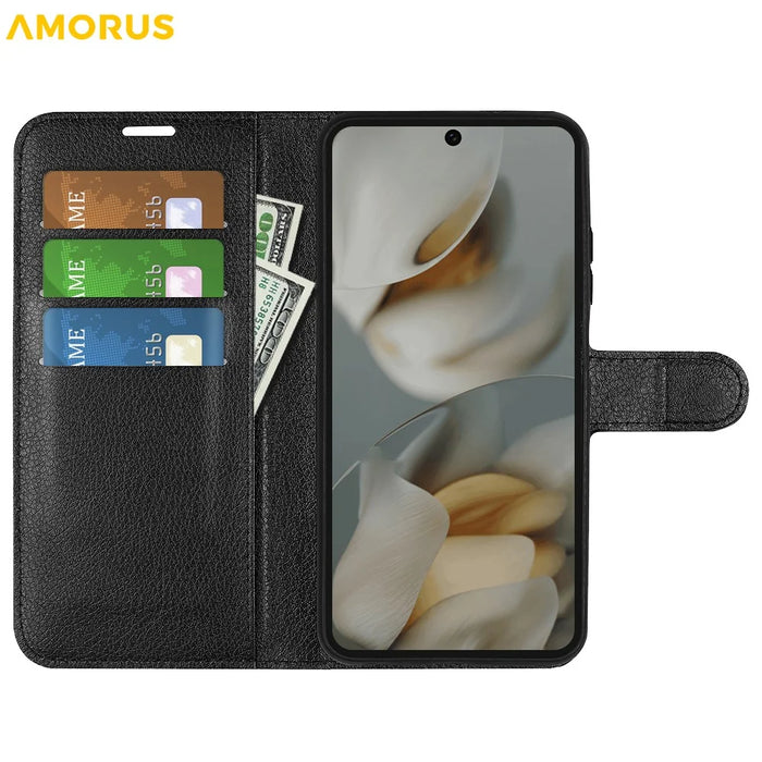 AMORUS For Google Pixel 10 Pro XL Wallet Case Litchi Texture Shockproof Leather Flip Stand Phone Cover - Black - 2
