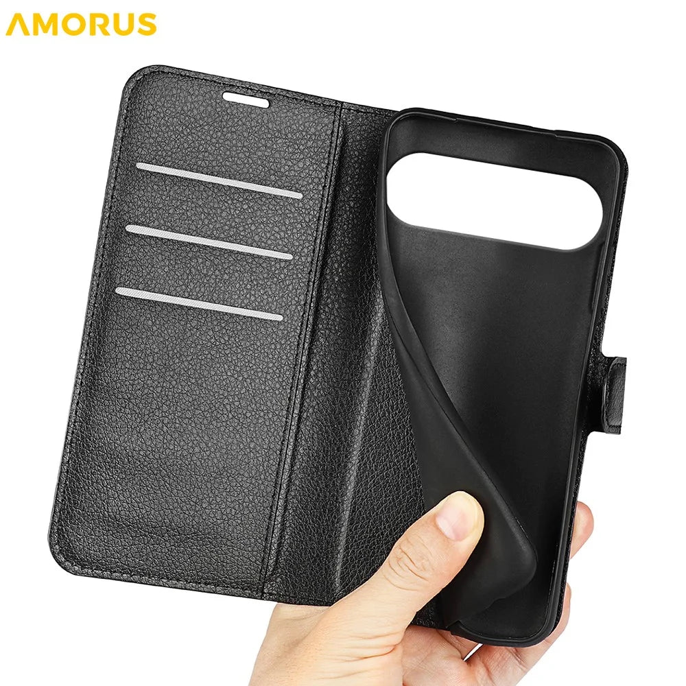 AMORUS For Google Pixel 10 Pro XL Wallet Case Litchi Texture Shockproof Leather Flip Stand Phone Cover - Black - 5