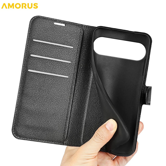 AMORUS For Google Pixel 10 Pro XL Wallet Case Litchi Texture Shockproof Leather Flip Stand Phone Cover - Black - 5
