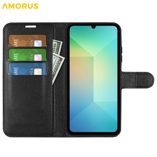 AMORUS For Samsung Galaxy A06 5G Wallet Case Litchi Texture Shockproof Leather Flip Stand Phone Cover - Black - 2