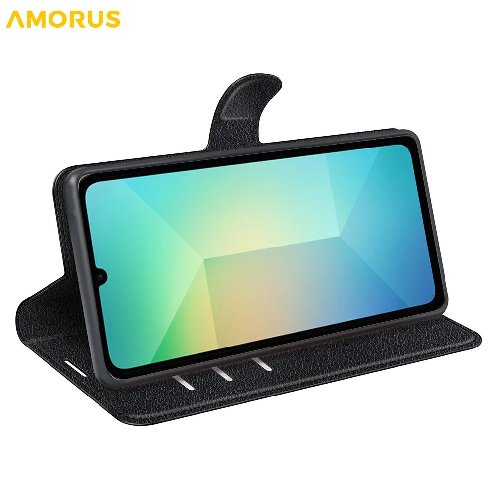 AMORUS For Samsung Galaxy A06 5G Wallet Case Litchi Texture Shockproof Leather Flip Stand Phone Cover - Black - 3