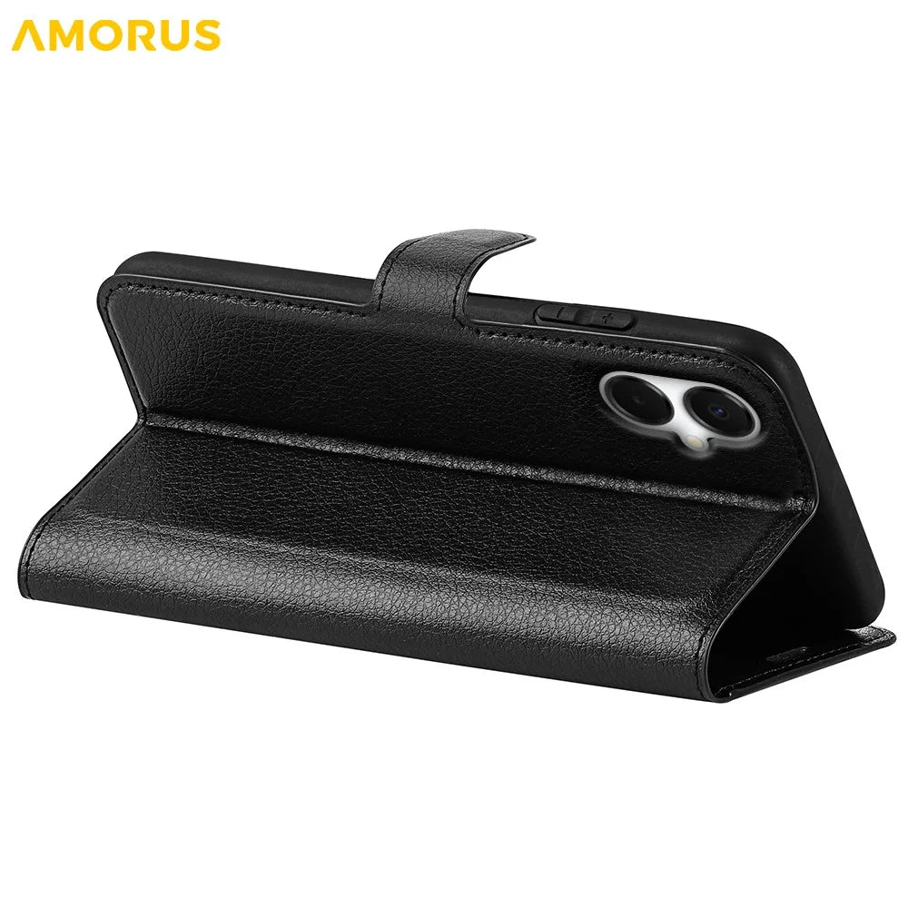 AMORUS For Samsung Galaxy A06 5G Wallet Case Litchi Texture Shockproof Leather Flip Stand Phone Cover - Black - 4