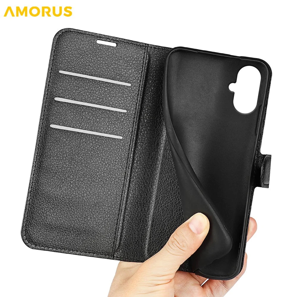 AMORUS For Samsung Galaxy A06 5G Wallet Case Litchi Texture Shockproof Leather Flip Stand Phone Cover - Black - 5
